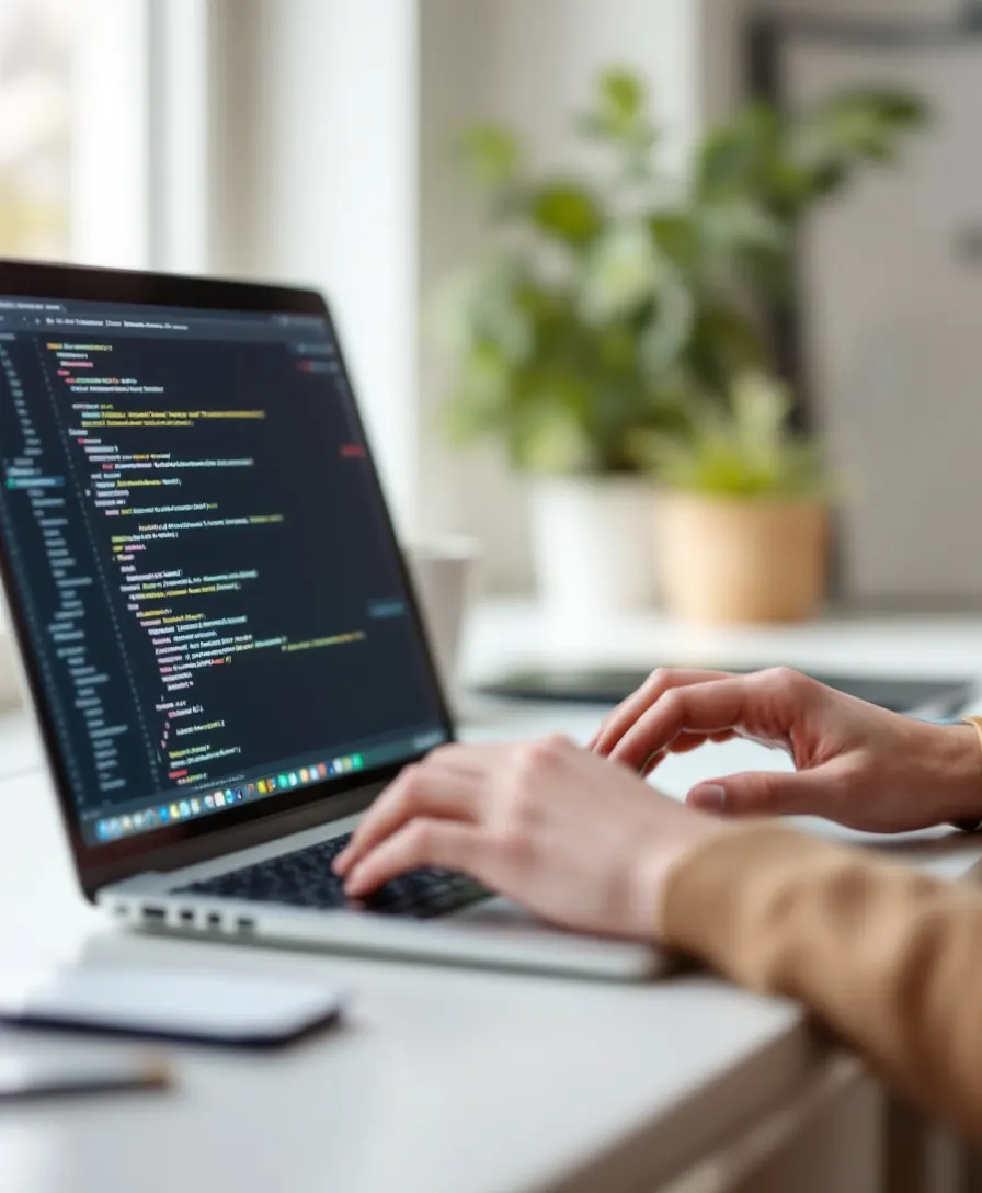 Dezvoltator web scriind cod pe laptop într-un birou luminos