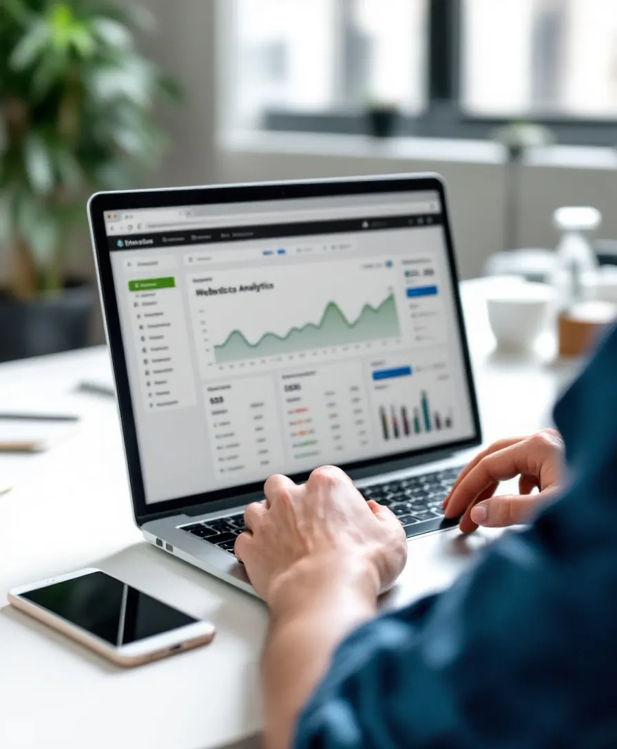 Specialist monitorizând performanța unui site pe un dashboard de analytics